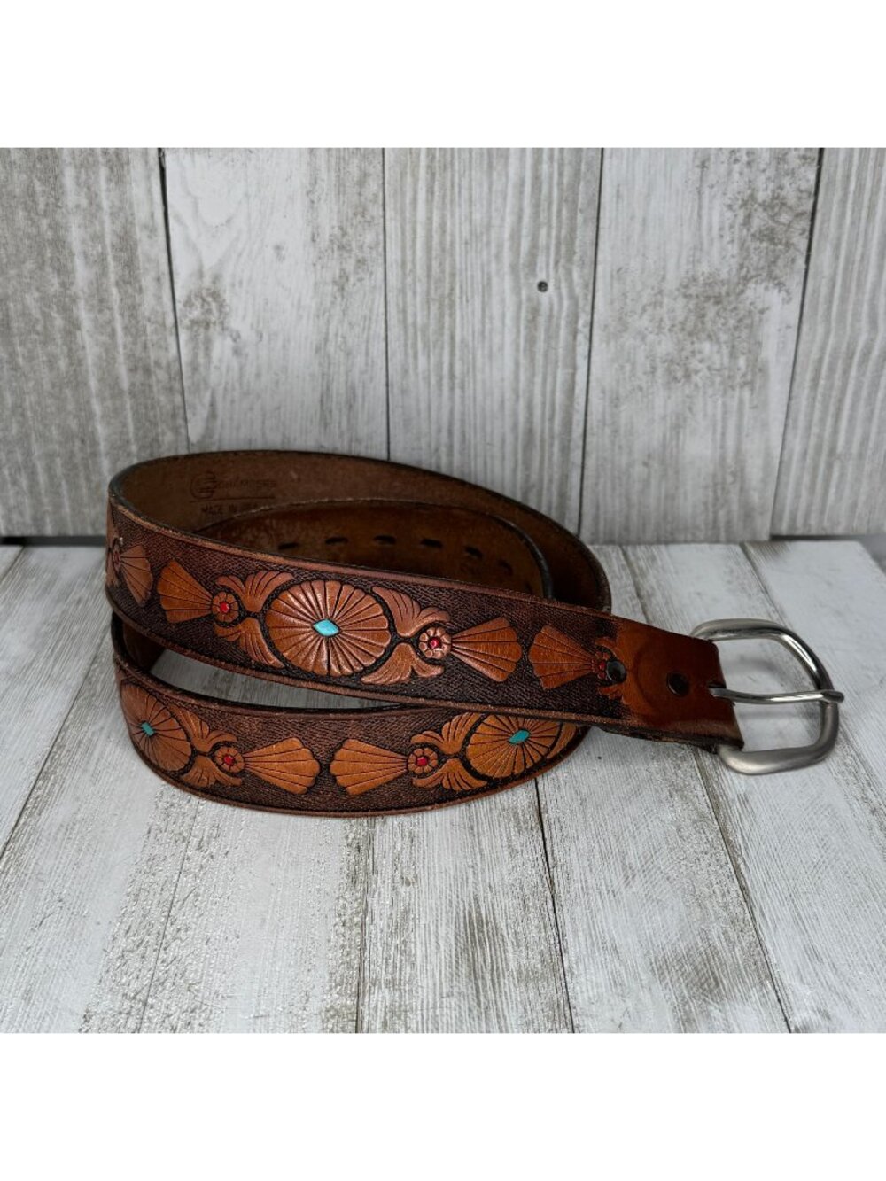 Chambers Top Grain Leather Tooled Western Belt with Turquoise Accents